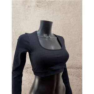 Ribbed Open Back Long Sleeve Crop Top Black Athletic Yoga Gym Top Women L
